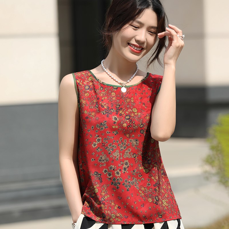 2023新款宽带花色背心吊带女简约无袖打底真丝缎面显瘦简约内搭