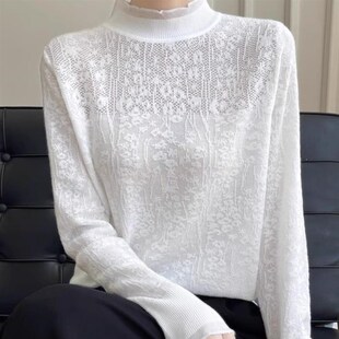 法式甜美蕾丝钩花长袖针织打底衫女半高领毛衣宽松外穿木耳领上衣