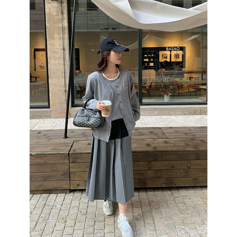 NAZ那子大码早春新款时尚法式学院风复古撞色胖mm百褶气质半身裙