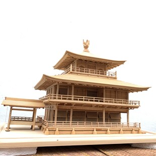 中式东阳木雕摆件古建筑金阁寺木制模型悬挂吊装倒影酒店软装饰品