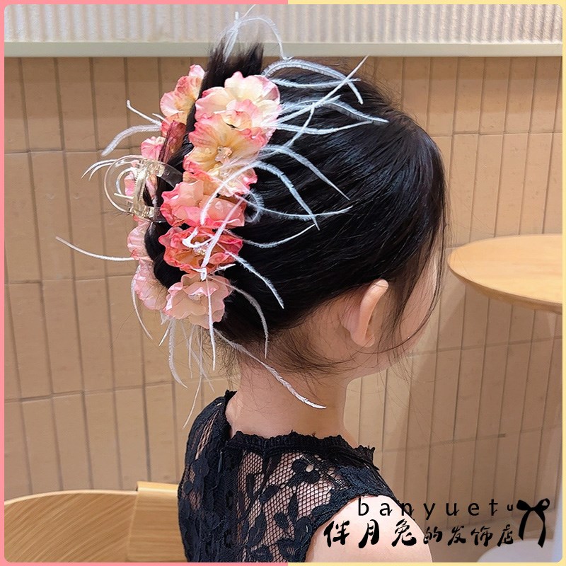 伴月兔儿童古风簪花抓夹羽毛花环仙女童汉服公主头饰发卡2024新款