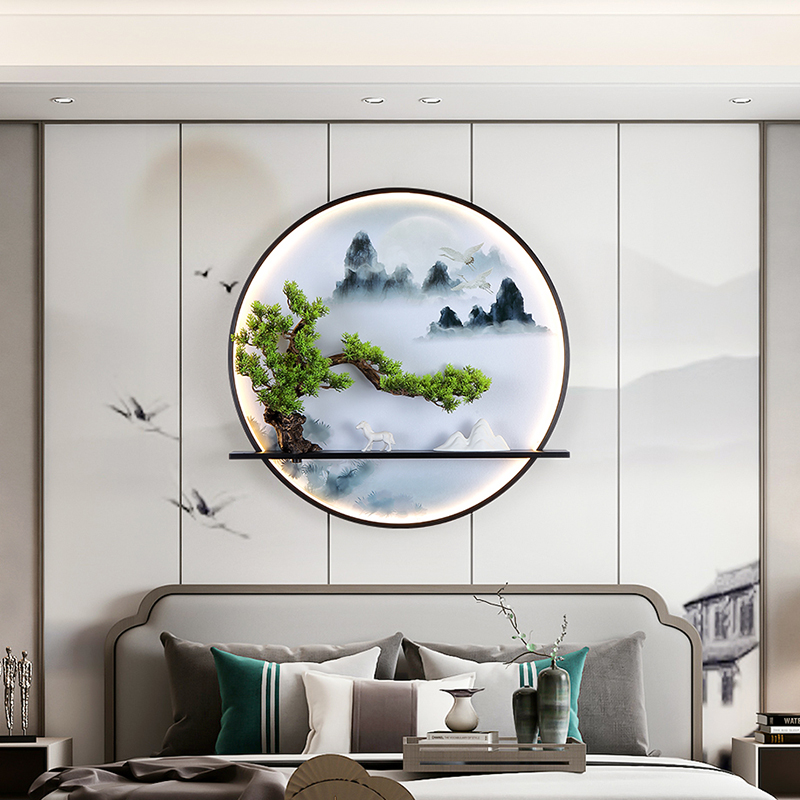 新中式壁画灯创意个性茶室圆形楼梯装饰挂画带灯玄关入户禅意灯具图片