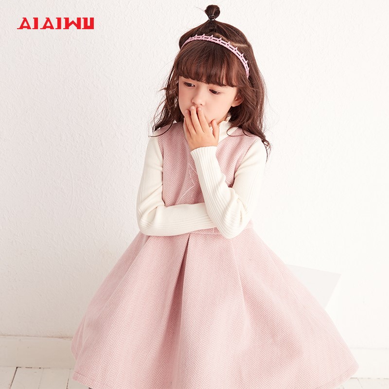 艾艾屋童装女大童毛呢连衣裙冬季洋气儿童加厚公主裙粉色无袖裙子