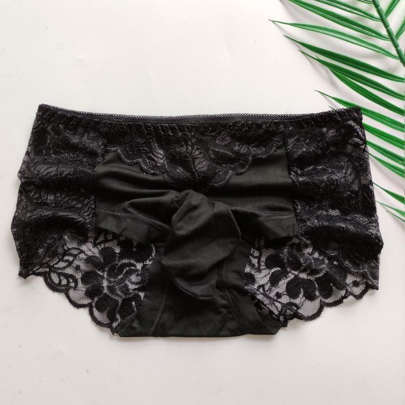 男士蕾丝网纱透明中腰平角中性风中青年性感棉囊袋超薄内裤夏季