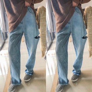 侧开叉宽松老爹裤 大腿破洞女阔腿裤 高腰直筒泫雅牛仔裤 萝萝电