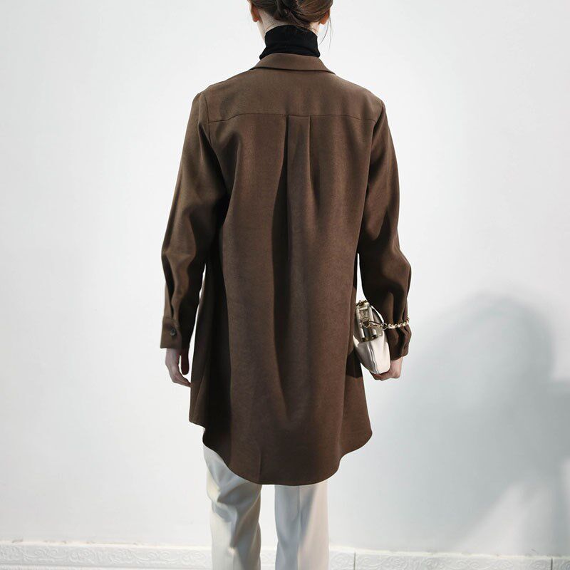 免烫抗皱长款遮屁股咖色灯芯绒磨毛衬衫女加厚外套秋冬季宽松衬衣