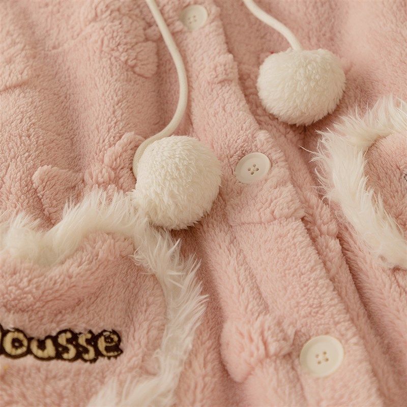 新款冬季加厚款珊瑚绒长款保暖少女心粉色猫咪睡袍睡裤套装家居服