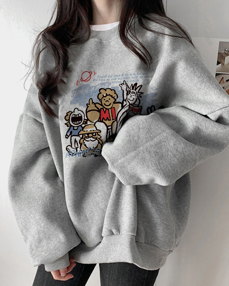 春秋季加绒卫衣女款小个子2024新款国潮宽松大码圆领无帽灰色上衣