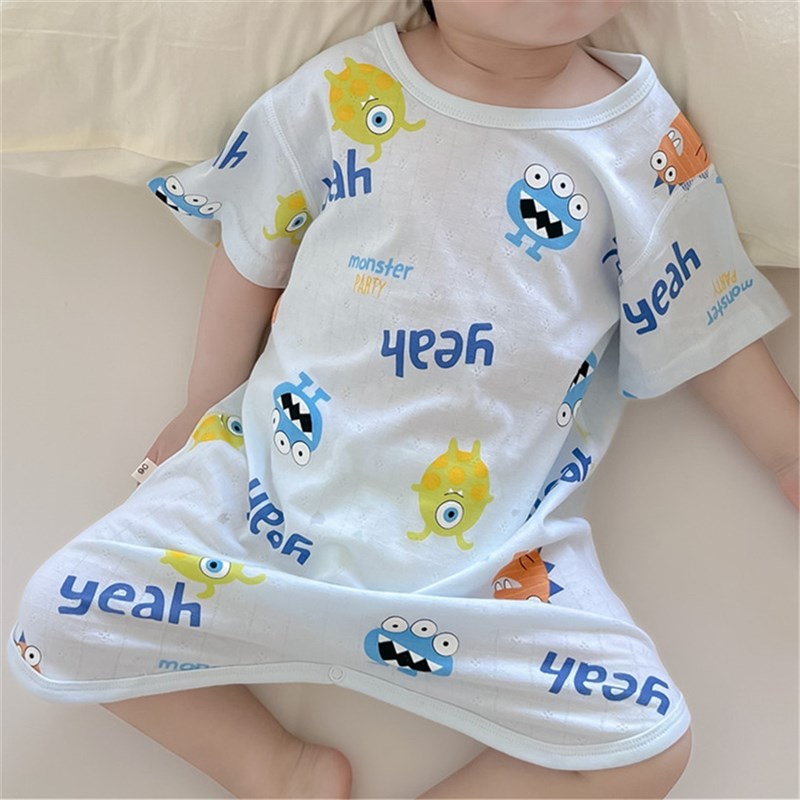 夏季宝宝纯棉连体睡衣短袖无骨睡袍男童呼吸家居服女孩睡裙空调服