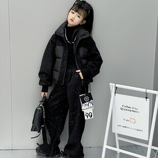 女童冬季棉衣套装童装新款毛呢拼接外套直筒裤两件套满天星短款袄