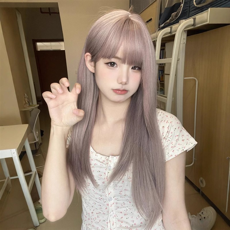 糯叽小咪假发女长直发灰紫色甜美显白发色空气刘海Lolita全头套式