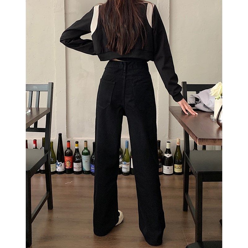 高腰直筒牛仔裤女秋冬季黑色宽松显瘦垂感大码梨形身材胖mm阔腿裤