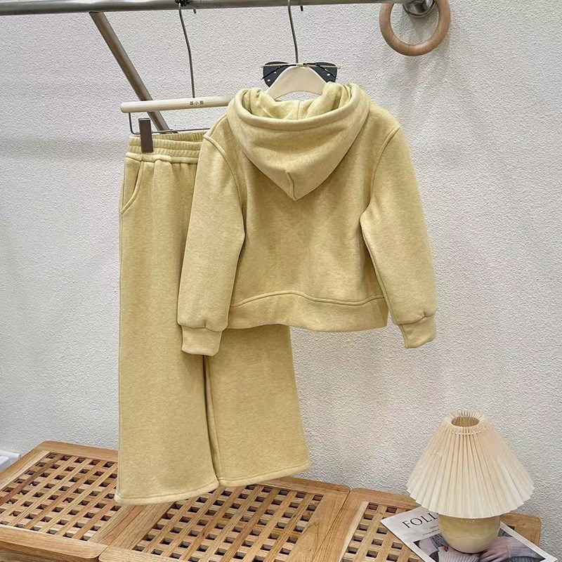 女童套装2024秋冬新款女大童雪尼尔加绒加厚洋气阔腿裤长裤两件套