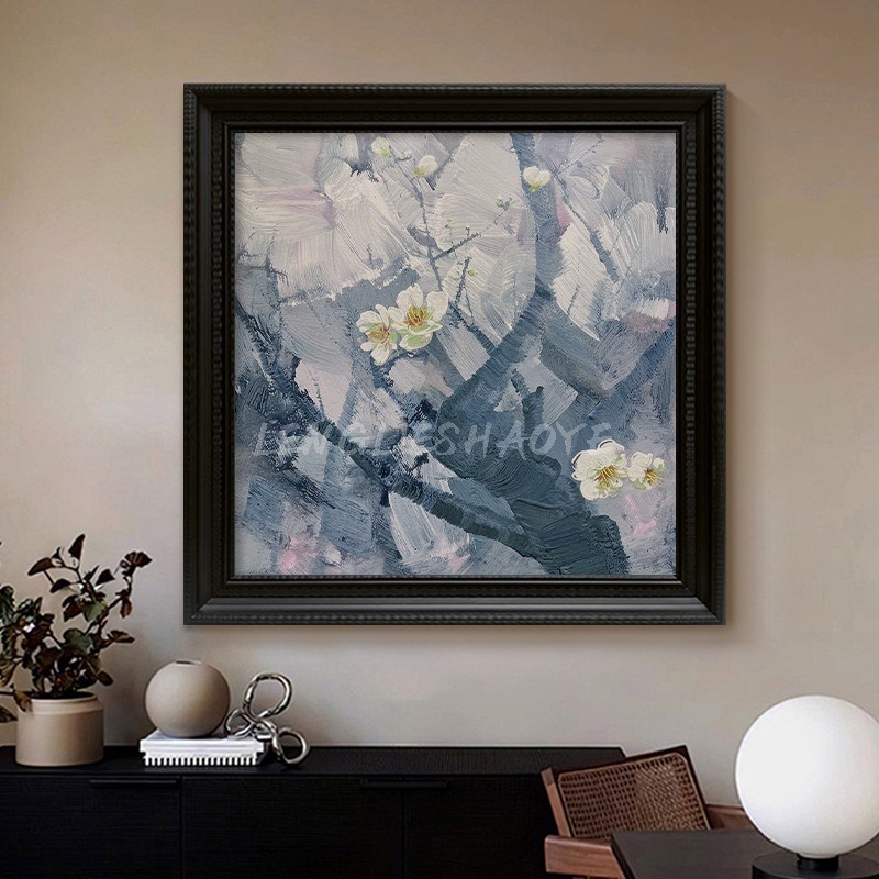 新中式抽象植物花卉客厅卧室装饰挂画餐厅玄关梅花蓝色系艺术装置图片