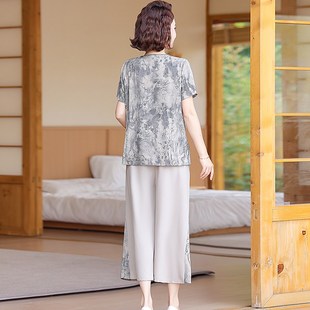 妈妈夏装2024新款套装雪纺t恤小衫中老年女装短袖上衣洋气两件套