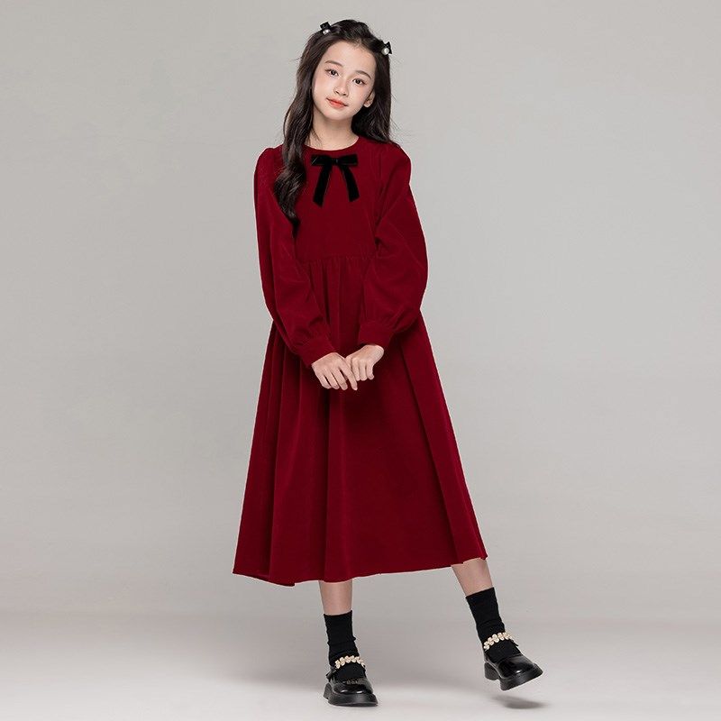 中大女童长袖连衣裙2025新款秋冬甜美洋气中长款女孩红色加绒裙子