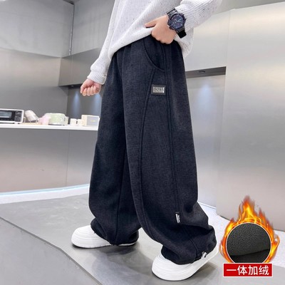 男童冬季一体加绒加厚新款弯刀裤