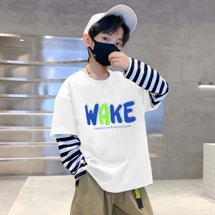 百搭拼接条纹打底上衣 中小童韩版 男女童纯棉假两件长袖 T恤春秋季