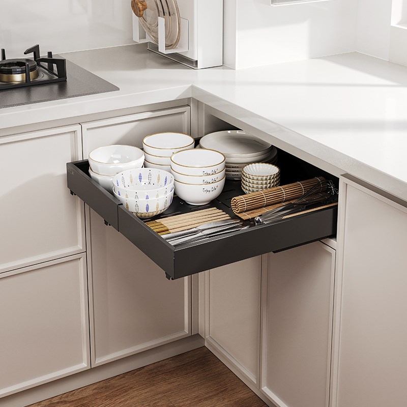 御仕家四面伸缩拉篮橱柜下水槽抽屉式收纳架厨房深柜抽拉式置物架