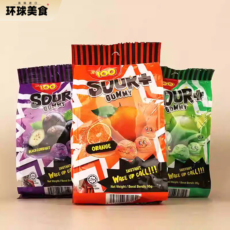 马来西亚LOT100 sour+一百分水果酸味软糖蓝莓苹果芒果QQ橡皮糖