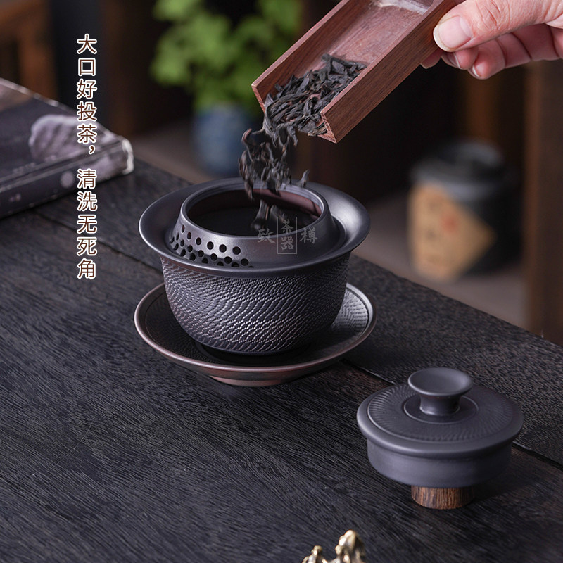 不烫手三才盖碗出水快茶碗云南紫陶还原烧手工制作茶壶功夫茶具