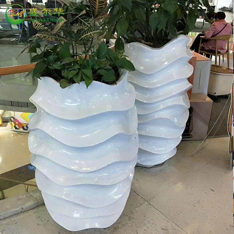 美陈玻璃钢波浪螺纹创意花盆异形花器商场酒店装饰摆件落地大花瓶