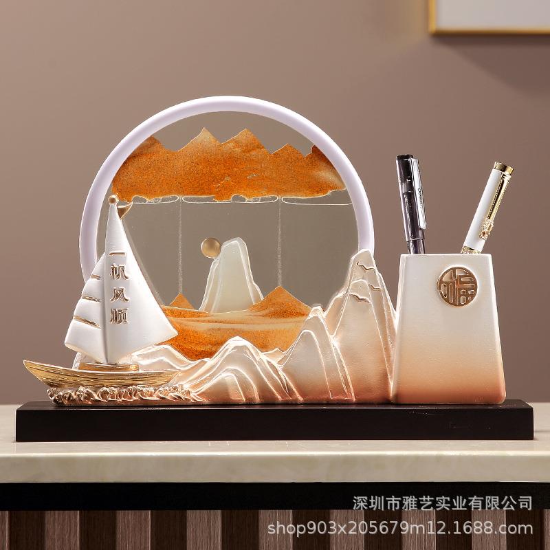 创意书房倒流家居新中式玄关客厅流沙摆件笔筒树脂工艺品装饰