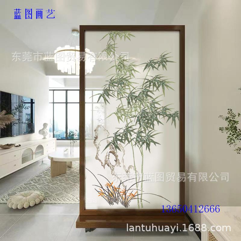 双面刺绣苏绣半透明纱布画座屏折屏玄关隔断酒店客厅卧室竹报平安