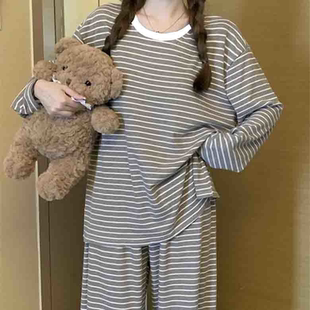 两件套装睡衣女条纹家居服春季女装春秋韩版卡通休闲甜美长袖长裤