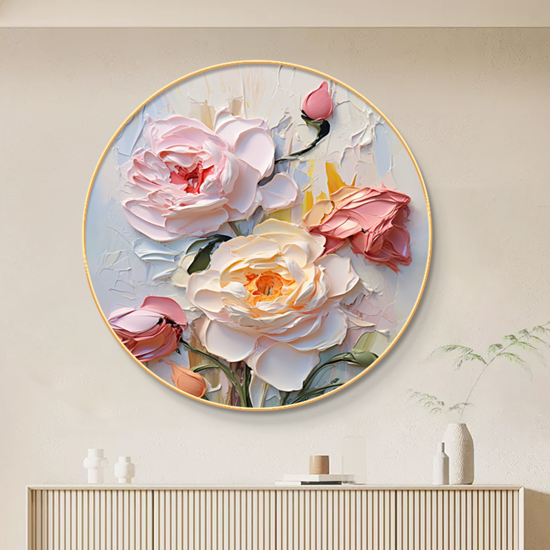 肌理感花卉圆形装饰画入户玄关鞋柜D挂画餐厅饭桌客厅走廊过道壁图片