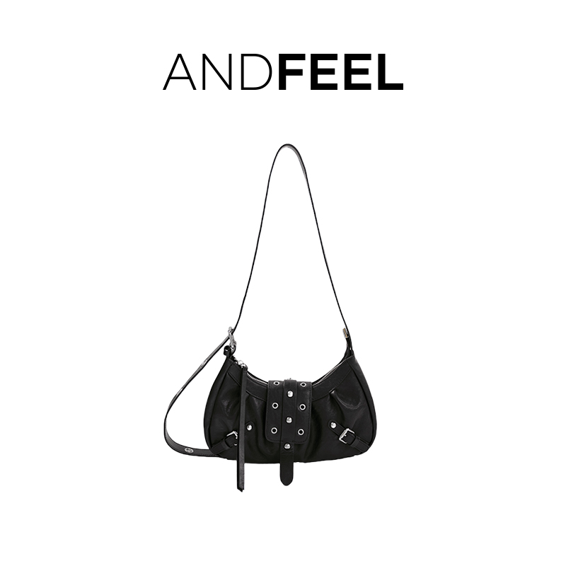 ANDFEEL集鲤腋下包AF女包时尚潮流铆钉轻便通勤百搭牛皮单肩包
