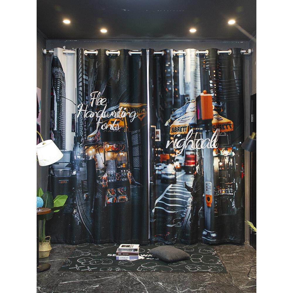 定制长窗帘粗麻布斯堪的纳维亚在个性化时尚图片卧室客厅挂钩全黑