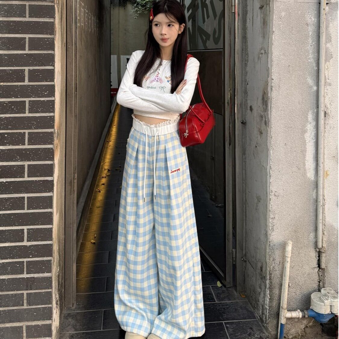 多巴胺蓝色休闲格子裤女