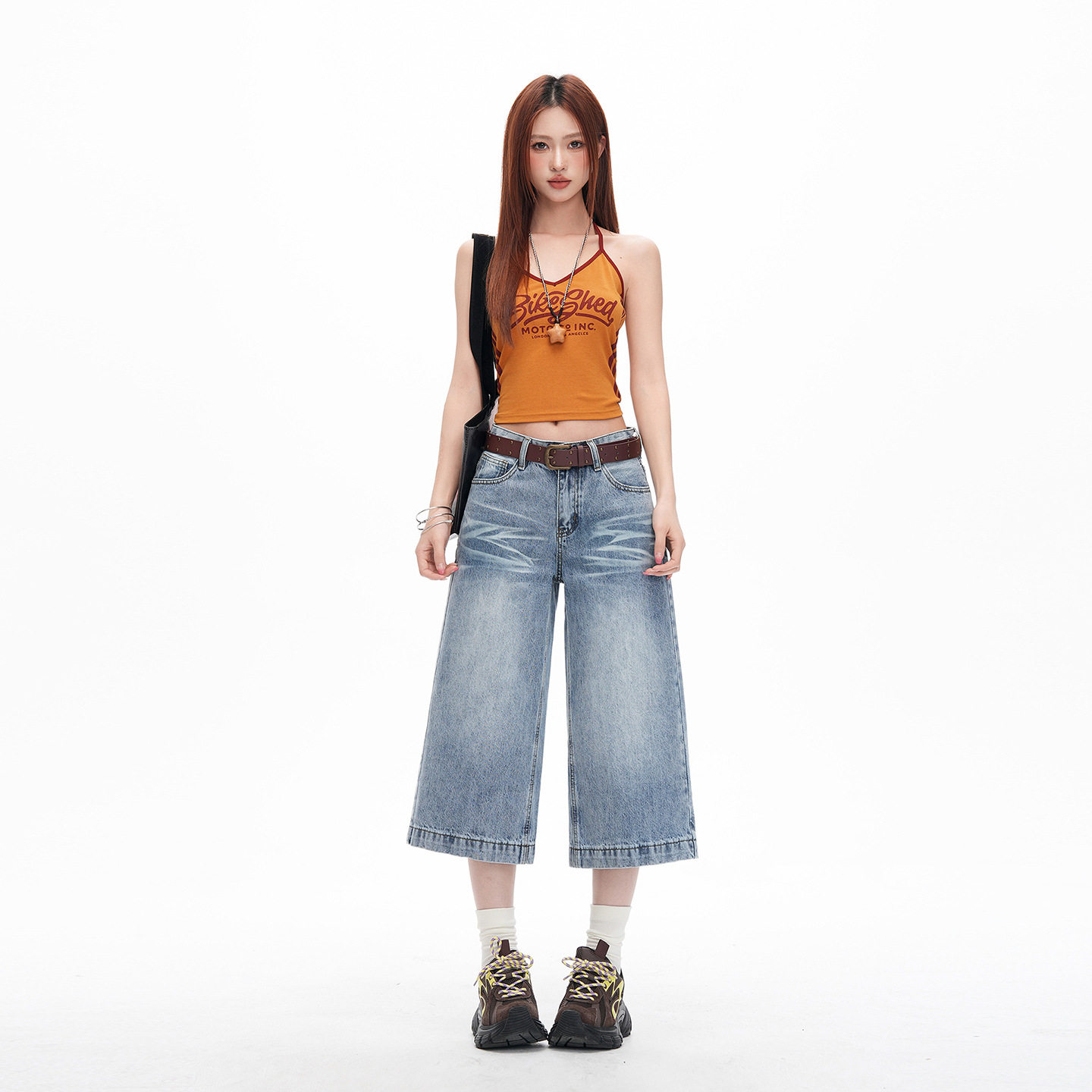 美式阔腿七分牛仔裤女202