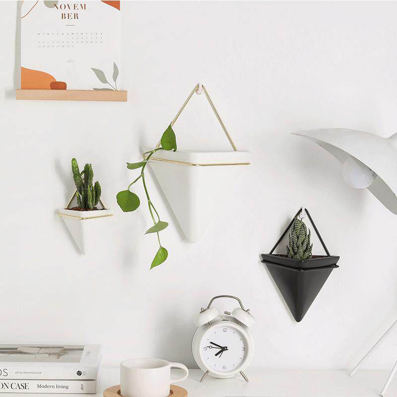 壁挂花瓶创意铁艺花盆容器挂墙陶瓷白色三角形跨境悬挂壁挂式花盆