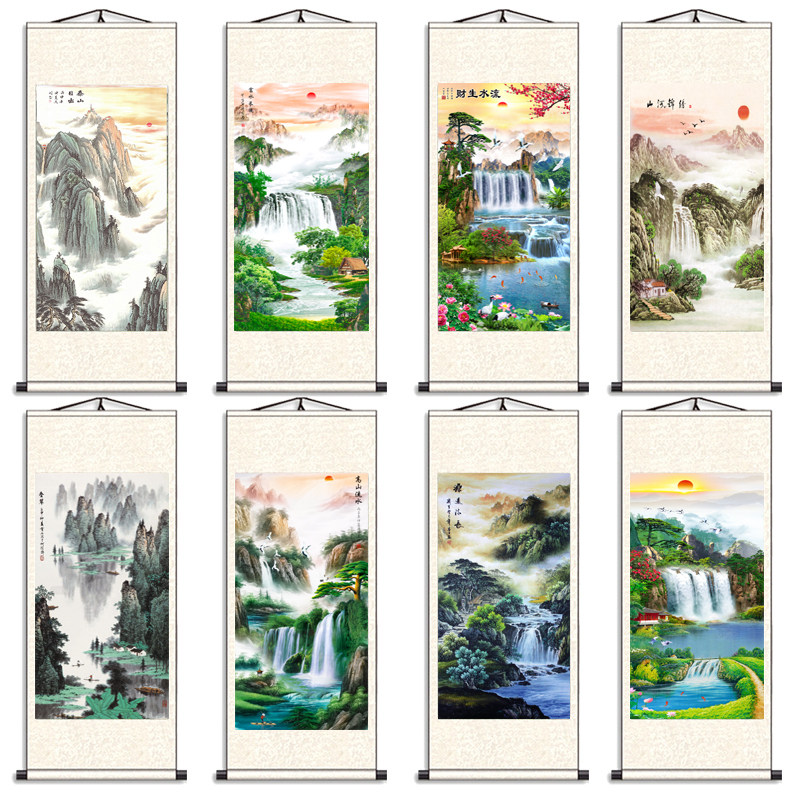 国画流水生财竖版山水画客厅背景墙挂画办公室新款靠山卷轴装饰画,家居饰品,现代装饰画,淘宝优惠券,粉丝福利购,淘宝优惠卷