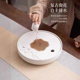 轻奢高档白瓷干泡茶台茶托盘 粗陶简约陶瓷茶盘小型家用圆形储水式