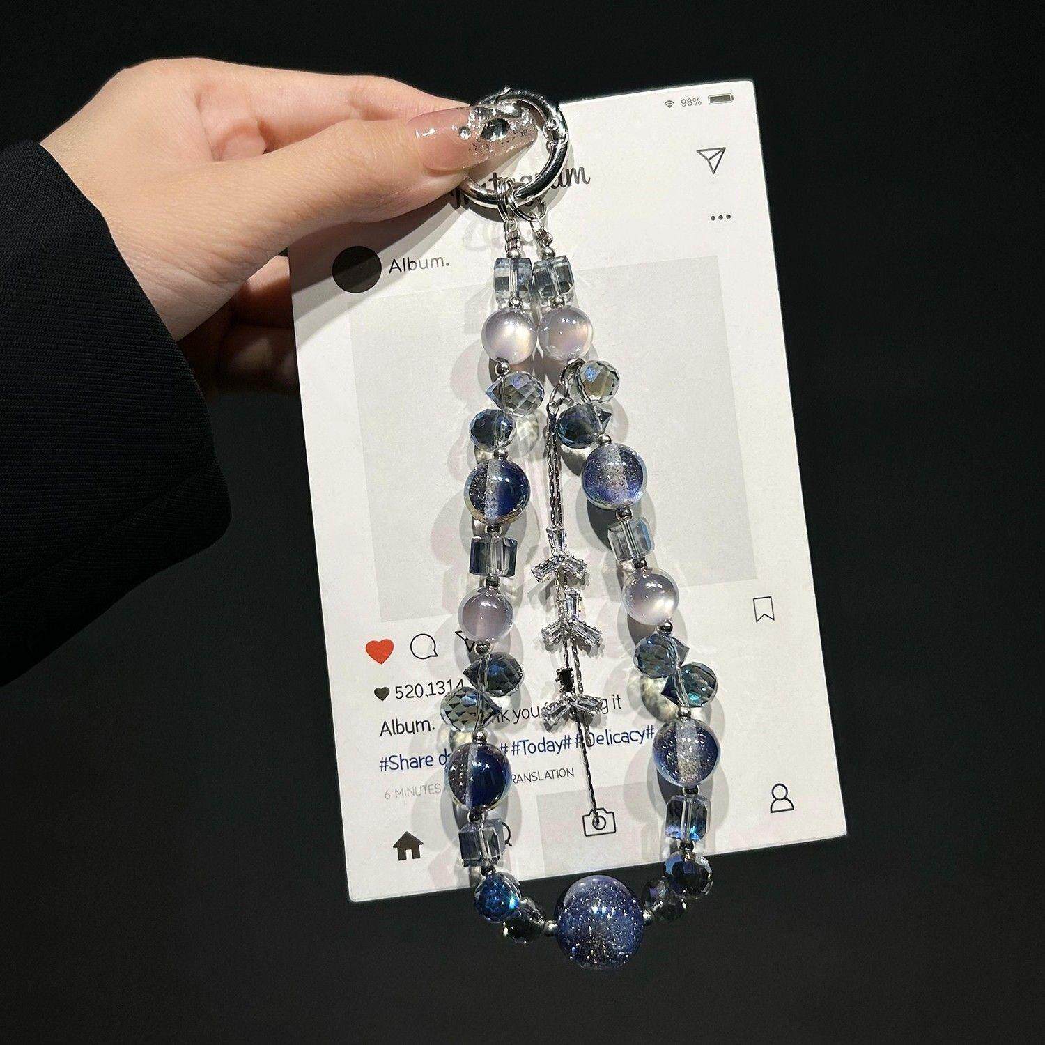 高级轻奢浅灰水晶手机链锆石流苏包包钥匙扣挂件小众设计手机挂饰