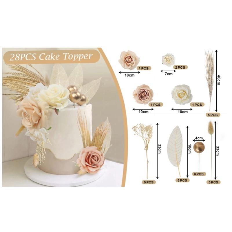 生日快乐蛋糕插牌蛋糕球花朵亚克力银杏叶带棕榈叶纸扇烘焙插件