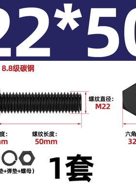 套装8.8级黑色外六角螺丝螺母高强度平垫弹垫组合螺栓M6M8M10-M30
