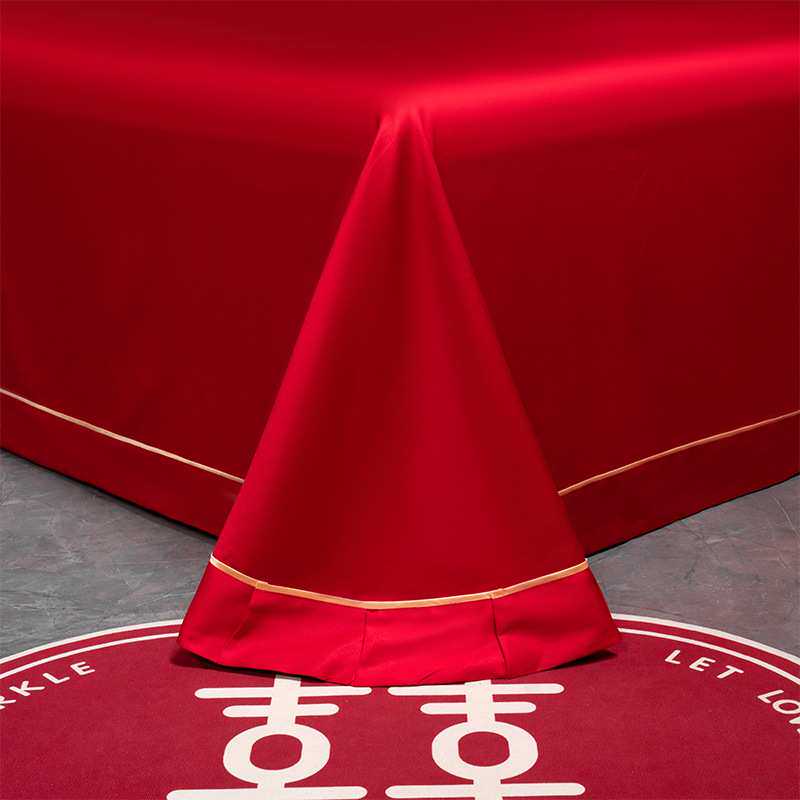 婚庆结婚大红色纯棉女方床单单件酒店被单枕套三件套刺绣接亲出嫁