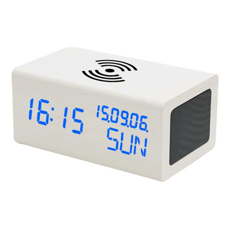 创意木质蓝牙音箱电子钟 多功能带LED木质闹钟QI品质无线充电时钟