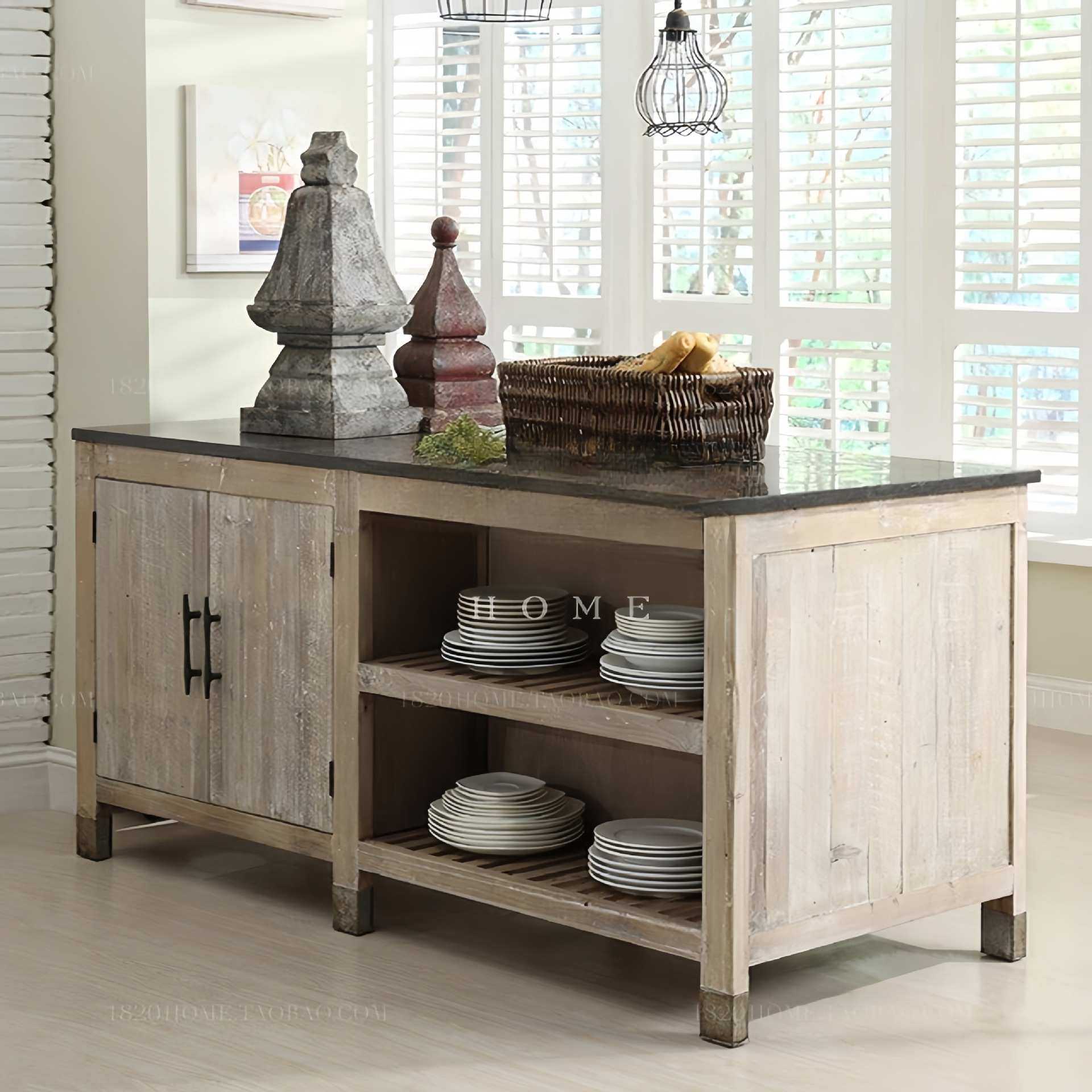 美式乡村实木大理石厨房中岛操作台料理台客厅吧台桌储物柜餐边柜