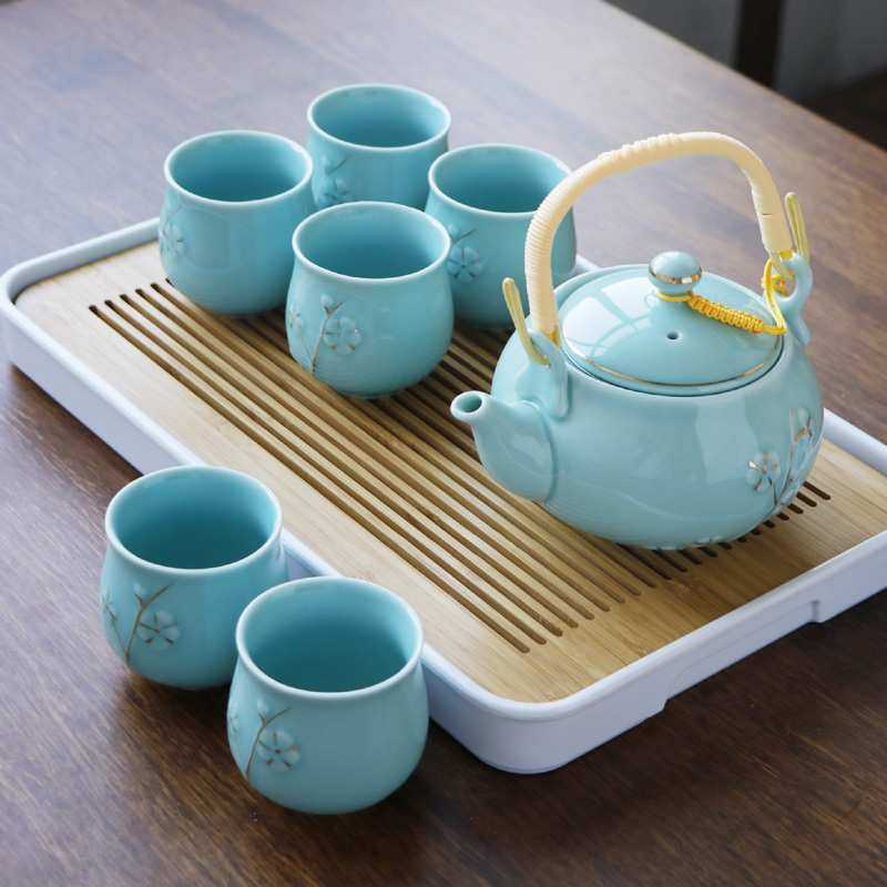 手工描金景德镇提梁陶瓷茶具套装家用现代简约客厅茶壶茶杯送托盘