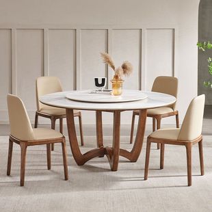 全实木岩板餐桌椅组合圆形圆桌带转盘现代简约家用餐桌全承托板