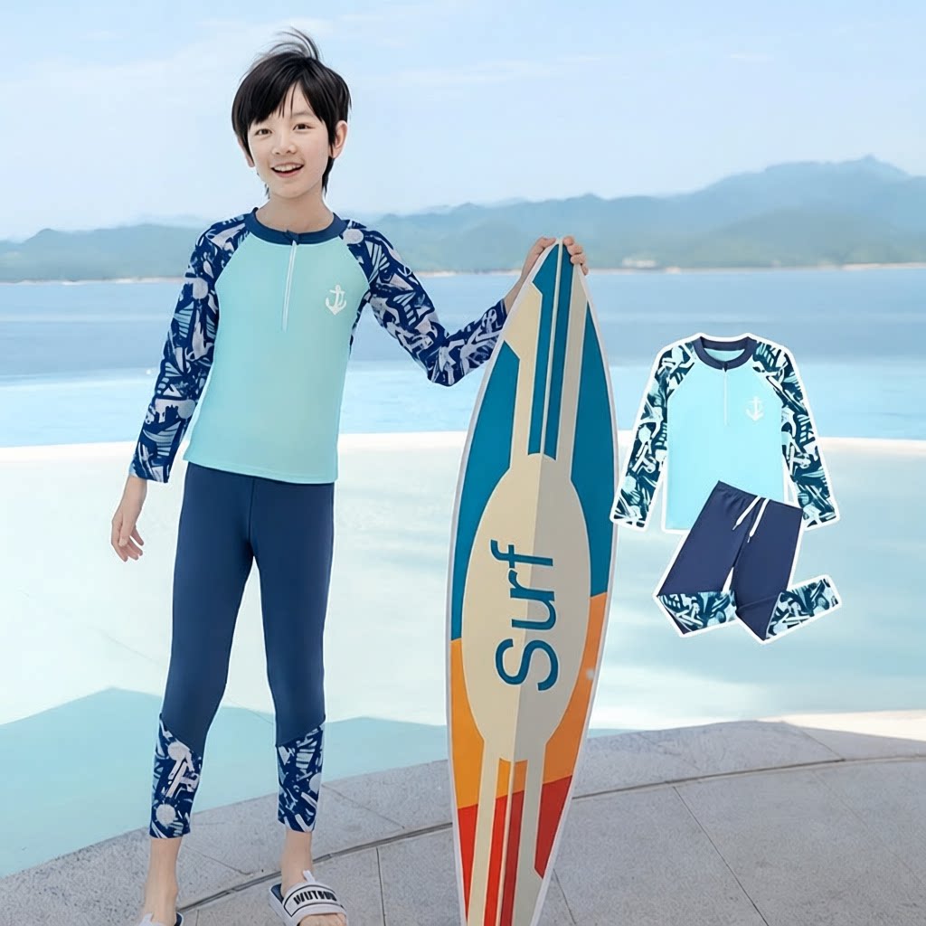 儿童两件式防晒泳衣男童长袖长裤