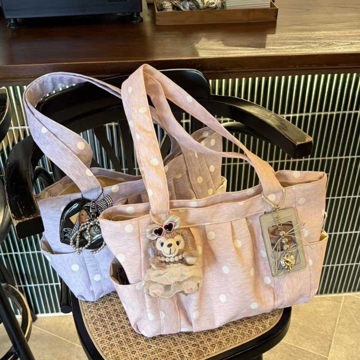 新款波点粉色单肩少女大容量帆布