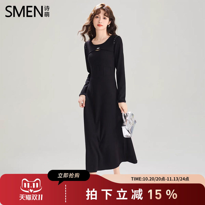 SMEN诗萌前领镂空显瘦针织连衣裙