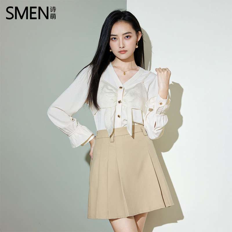 SMEN诗萌法式设计感蝴蝶结V领长袖衬衫女2026秋季气质显瘦上衣女