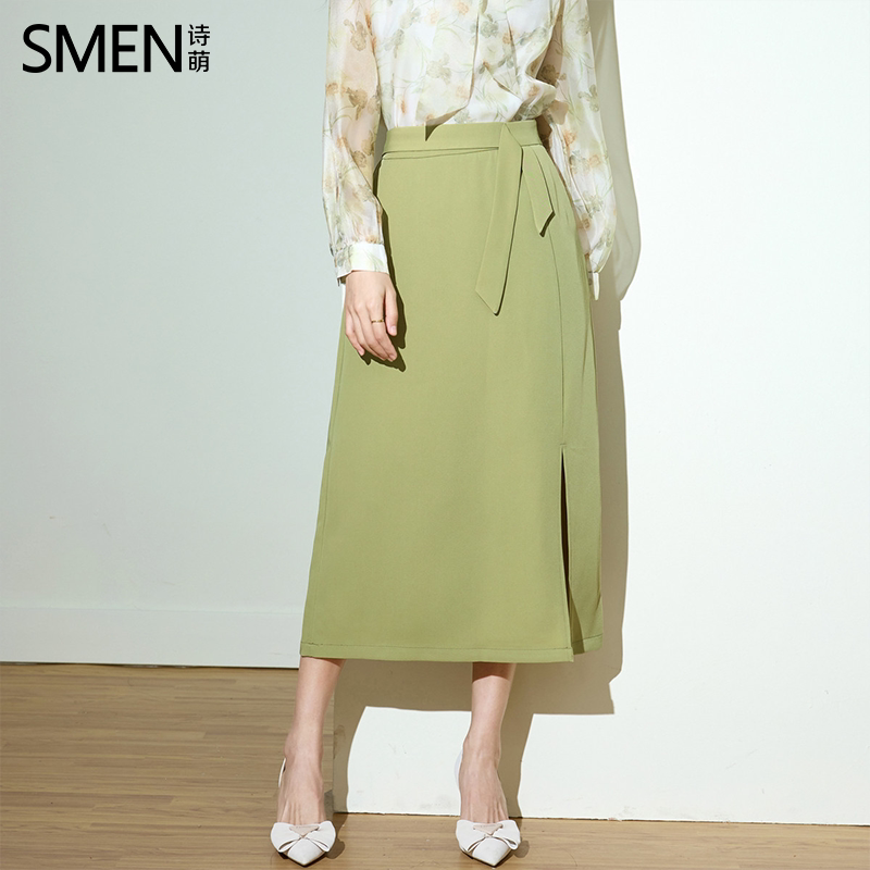 SMEN诗萌中长款半身裙女开叉绑带